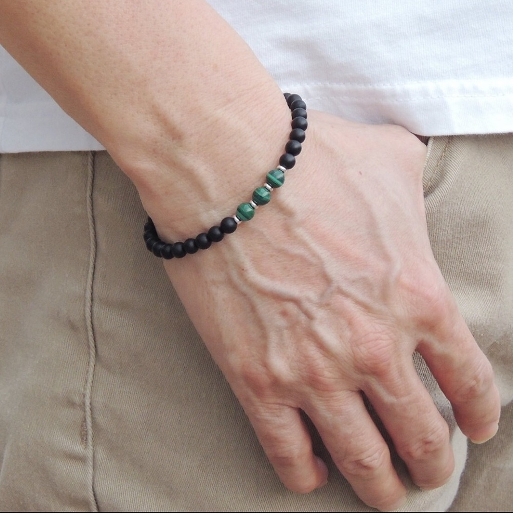 Mens Malachite and Matte Onyx Bracelet Beaded Sterling Silver clasp
